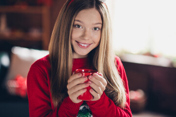 Closeup photo of cute smiling teenage girl youngster holding red cup tea or eggnog enjoying christmas vibe cold weather atmosphere at home