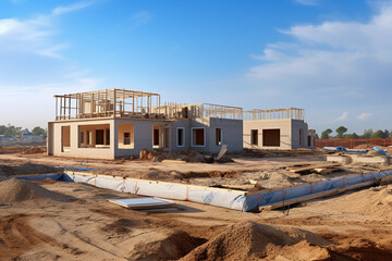 Perspective view of residential buildings under construction progress in the work site. Generative AI.