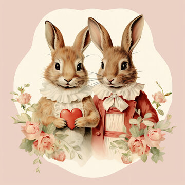 Romantic couple of two loving rabbits