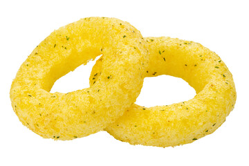 Crispy onion rings, isolated on white background, full depth of field. Сorn rings. File contains clipping path. Design element.