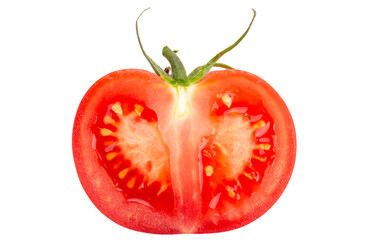 Half a tomato isolated on white background. Perfect retouched tomato top view. File contains clipping path.