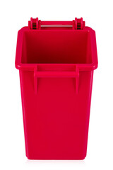 Red recycling bin isolated on white background. Trash bin. File contains clipping path.