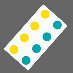 Vector illustration Yellow and turquoise pills blister. Tablet strip icon. Round pills in a blister pack. Vector Flat or Cartoon illustration, isolated design element. Medicine concept, medicament