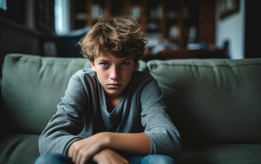 A teenager sitting on a sofa, has an anxious and distressed appearance and look, concept of adolescent anxiety