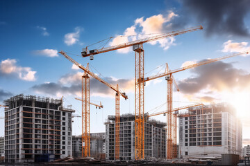 Fototapeta na wymiar A building real estate of a condominium, hotel, flat, or apartment under construction with industrial cranes on a clear sky background. Generative AI.