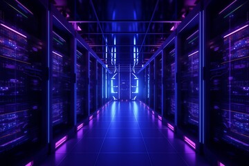 Modern data center room with rows of servers and blue LED lights, technology concept.