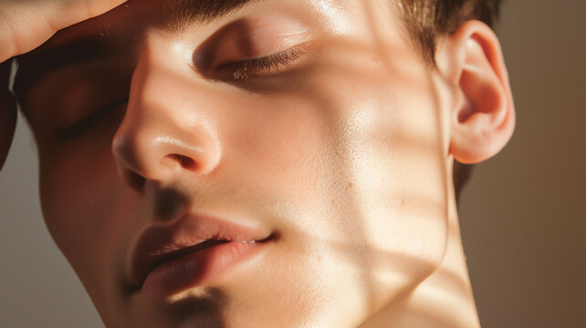 A man basking in the sunlight. A man feeling the sunlight with his eyes closed. Men’s grooming. Mens cosmetics photo, beauty industry advertising photo.