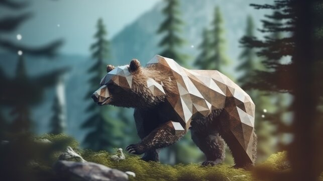 
Portrait of a Grizzly Bear in a polygonal geometric shape, photo in a national geographic natural environment.