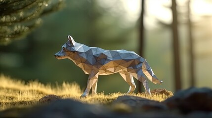 Portrait of a Wolf in a polygonal geometric shape, photo in a national geographic natural environment.