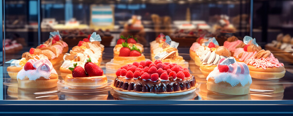Appetizing chocolate cake and sweet pastries covered with berries in pastry shop
