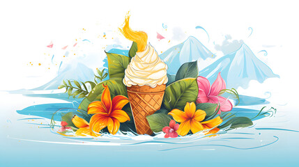 Summery Ice Cream Cone with Tropical Flowers and Ocean Waves Illustration