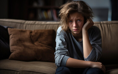 Obraz premium A teenager sitting on a sofa, has an anxious and distressed appearance and look, concept of adolescent anxiety