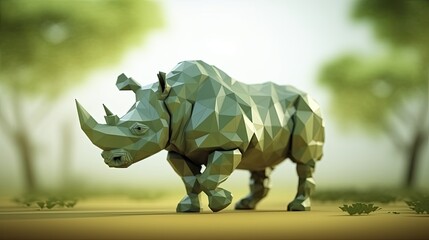 Fototapeta premium Portrait of a Rhino in a polygonal geometric shape, photo in a national geographic natural environment.