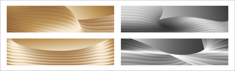 Wavy silver and gold parallel gradient lines, ribbons, silk. Set of 4 backgrounds. Black and white with shades of gray or golden silk. Banner, poster. eps vector