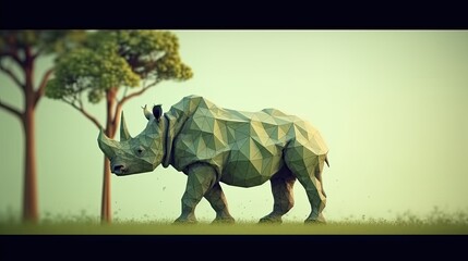 Portrait of a Rhino in a polygonal geometric shape, photo in a national geographic natural environment.