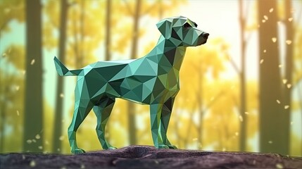 Portrait of a dog in a polygonal geometric shape, photo in a national geographic natural environment.