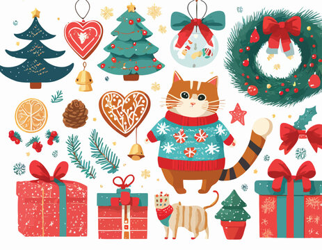 Xmas items set. Christmas tree decorations. Cat in sweater, gingerbread, gifts, pine wreath, bells. New year ribbons, Santa letter. Winter season, holiday. Flat isolated vector illustration on white