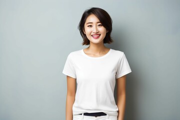 白いシャツを着て壁の前に立つ日本人の女性（アジア人・ファッションモデル・正面・モックアップ） - obrazy, fototapety, plakaty