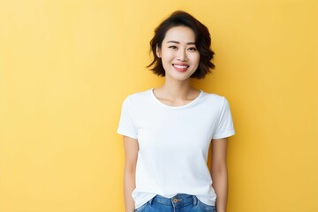 白いシャツを着て壁の前に立つ日本人の女性（アジア人・ファッションモデル・正面・モックアップ） - obrazy, fototapety, plakaty
