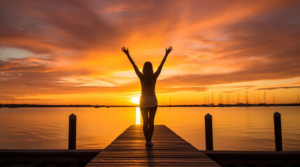 Sunset Pier Yoga: Feature a stately girl on a pier, engaging in yoga against the backdrop of a fiery sunset, casting reflections on calm waters