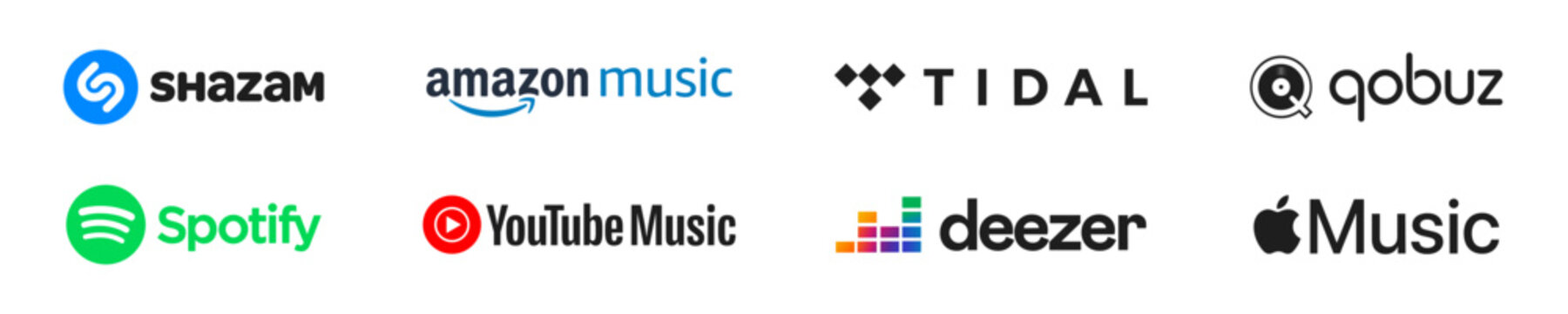 Popular music streaming servise company logo set. Amazon music, tidal, apple music, deezer, youtube music, spotify, itunes, shazam. Rivne, Ukraine - November 20, 2023