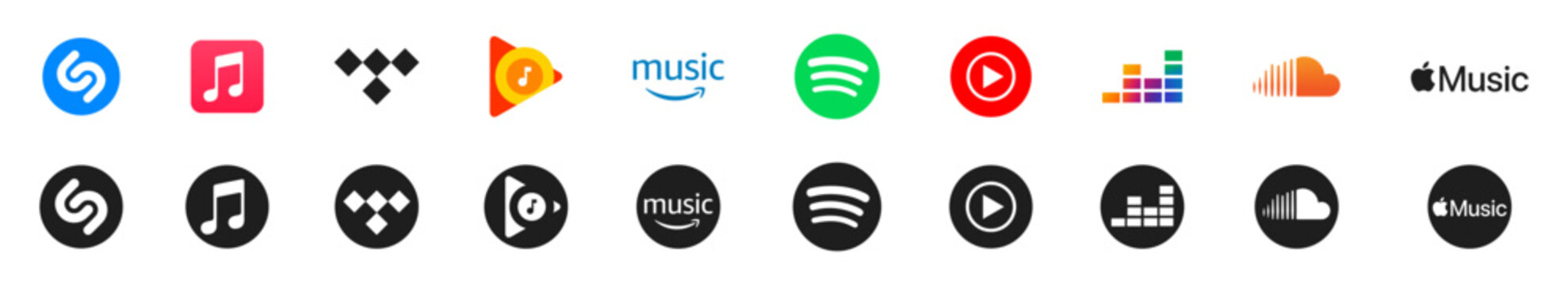 Popular music streaming servise company logo set. Amazon music, tidal, apple music, deezer, youtube music, spotify, itunes, shazam. Rivne, Ukraine - November 20, 2023