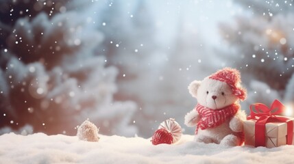 Beautiful festive Christmas snowy background with holiday lights Christmas tree decorated with red balls and knitted toys in forest in snowdrifts in snowfall on nature outdoors, panorama, copy space.