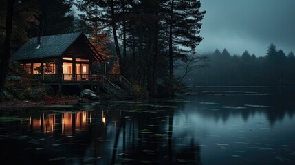 Fototapeta premium Beautiful house by the lake with incredible views of the evening forest landscape