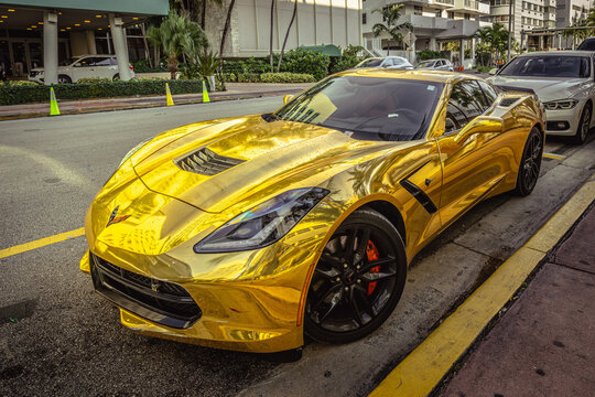 Miami Beach, Florida, USA - Aug 10, 2019: Golden Chevrolet Corvette C7