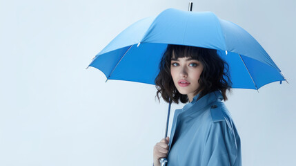 Beautiful young woman with blue umbrella on white background