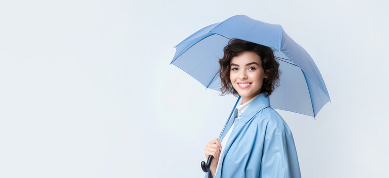 Beautiful young woman with blue umbrella on white background