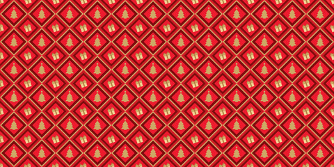 Luxury Christmas background. Premium graphic of red and gold Christmas tree and gift box on seamless rectangle background. Create for wrapping paper, packaging and wallpaper.