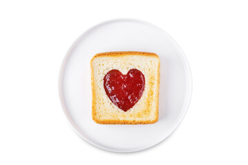 Sweet sandwiches with strawberry jam with heart shape inside for Valentine's day holiday on a white isolated background