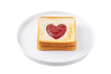 Sweet sandwiches with strawberry jam with heart shape inside for Valentine's day holiday on a white isolated background