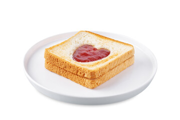 Sweet sandwiches with strawberry jam with heart shape inside for Valentine's day holiday on a white isolated background