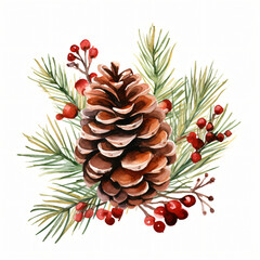 Watercolor Christmas Pinecone Clipart isolated on white background