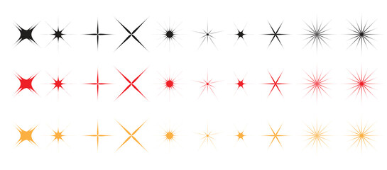 Star Shapes Vector Collection. Black Red Golden Stars Shapes Set. Star Icons Vector Illustration. Flat isolated simple stars - obrazy, fototapety, plakaty