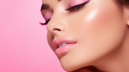Fototapeta premium Woman Applying Makeup in Soft Pink Tones Against a Pinkish Background, Beauty and Elegance