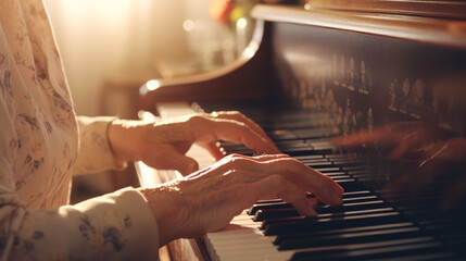 Main de personne âgée jouant des notes de musique sur un piano. Instrument de musique, mélodie, gros plan. Pour conception et création graphique - obrazy, fototapety, plakaty