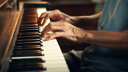 Main de personne âgée jouant des notes de musique sur un piano. Instrument de musique, mélodie, gros plan. Pour conception et création graphique