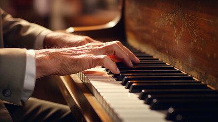 Main de personne âgée jouant des notes de musique sur un piano. Instrument de musique, mélodie, gros plan. Pour conception et création graphique - obrazy, fototapety, plakaty