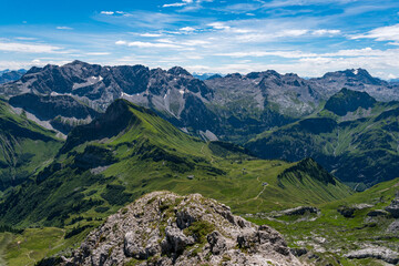 Fototapeta na wymiar Hike to the Hochkuenzelspitze in Vorarlberg Austria from Schroecken via the Biberacher Hut