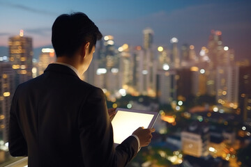 Portrait from backside of a CEO businessman use tablet near a wall window with cityscape and skyscrapers night view in an office. Generative AI.