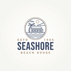 seashore beach house minimalist line art emblem logo template vector illustration design. simple modern homestay, hotel, resort badge logo concept