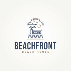 beach house real estate minimalist line art emblem logo template vector illustration design. simple modern homestay, hotel, resort badge logo concept