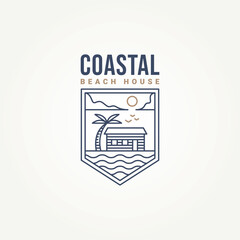 coastal beach house minimalist line art emblem logo template vector illustration design. simple modern homestay, hotel, resort badge logo concept