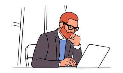 man is sitting with laptop on chair in office. Working on the computer