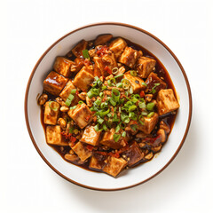 Top view of Chinese food Map Tofu isolated on a white background