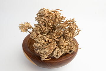 Rose of Jericho, Anastatica on a wooden plate isolated on a white background
