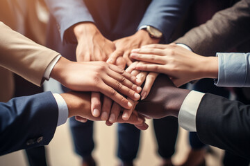 A close up top view shot of multinational business people joining hands together, teamwork build up concept. Generative AI.